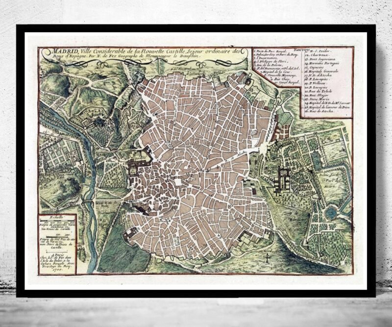 Old Map of Madrid with gravures, Spain Espana 1717 Vintage | Vintage Poster Wall Art Print | Wall Map Print | Old Map Print | Map Gift