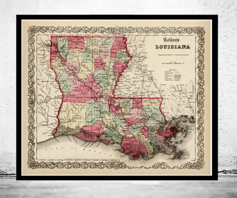 Old Map Louisiana State 1865 United States of America | Vintage Poster Wall Art Print | Wall Map Print | Old Map Print | Map Gift