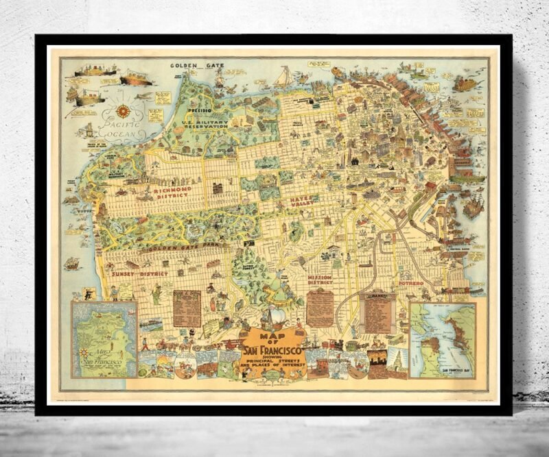 Old Map of San Francisco 1927 Pictorial Map | Vintage Poster Wall Art Print | Wall Map Print | Old Map Print | Map Gift | Anniversary gift