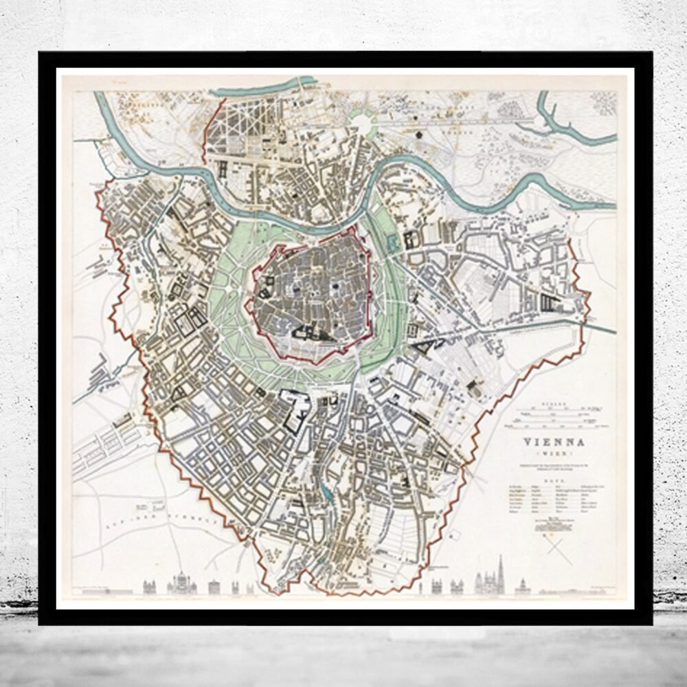 Old Map of Vienna Wien with gravures, Austria 1833 Vintage | Vintage Poster Wall Art Print | Wall Map Print | Old Map Print | Map Gift