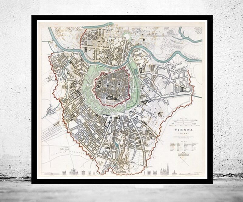 Old Map of Vienna Wien with gravures, Austria 1833 Vintage | Vintage Poster Wall Art Print | Wall Map Print | Old Map Print | Map Gift