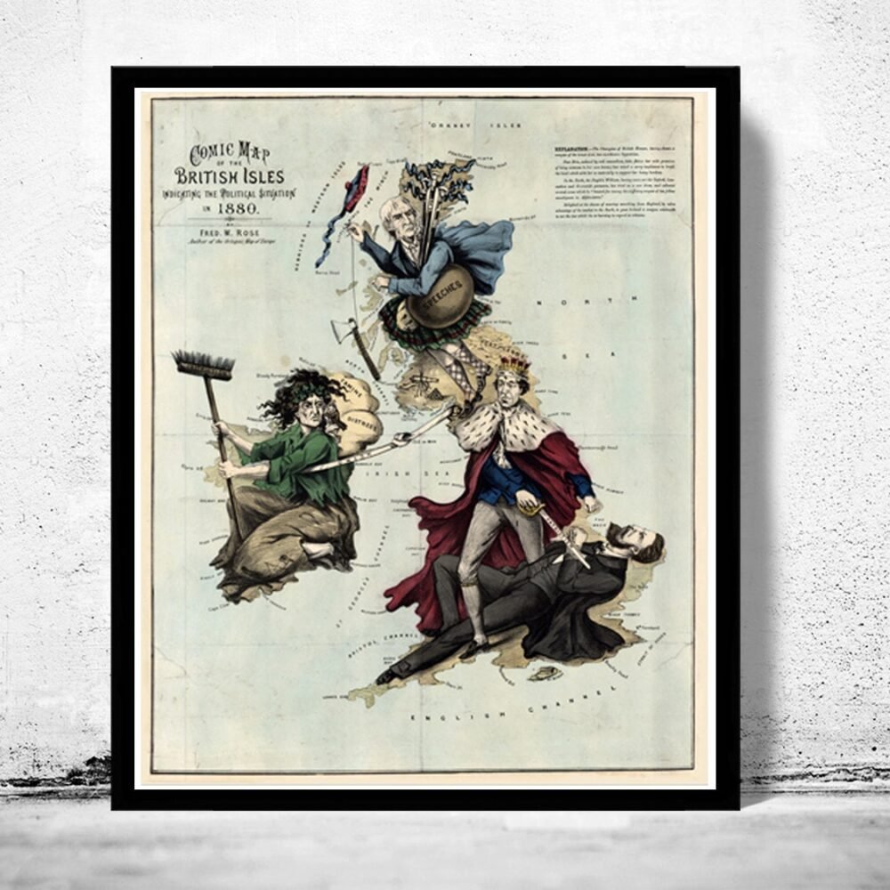 Old Map of United Kingdom 1880 British Isles Comic Map | Vintage Poster Wall Art Print | Wall Map Print | Old Map Print | Map Gift