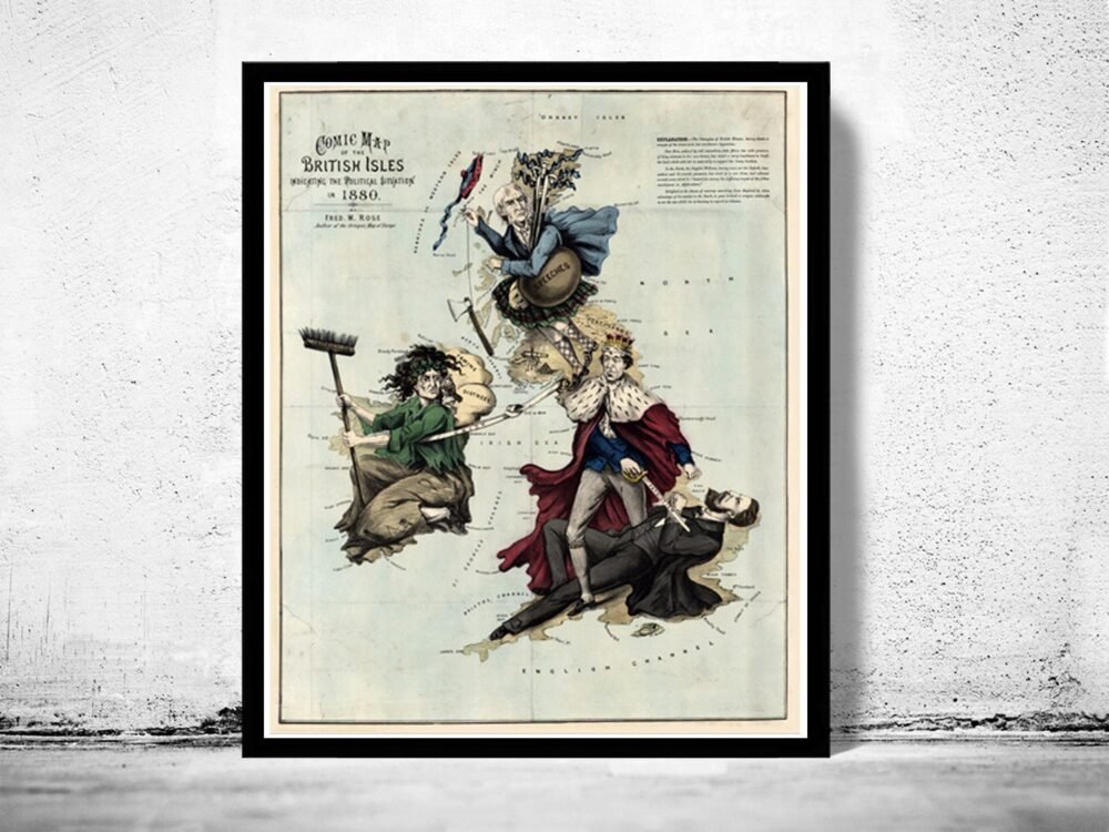 Old Map of United Kingdom 1880 British Isles Comic Map | Vintage Poster Wall Art Print | Wall Map Print | Old Map Print | Map Gift