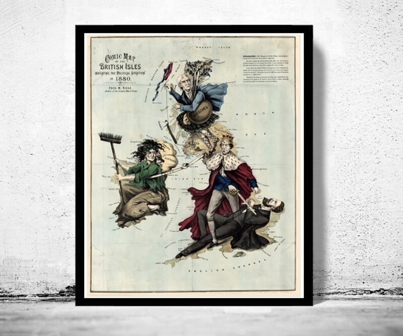 Old Map of United Kingdom 1880 British Isles Comic Map | Vintage Poster Wall Art Print | Wall Map Print | Old Map Print | Map Gift