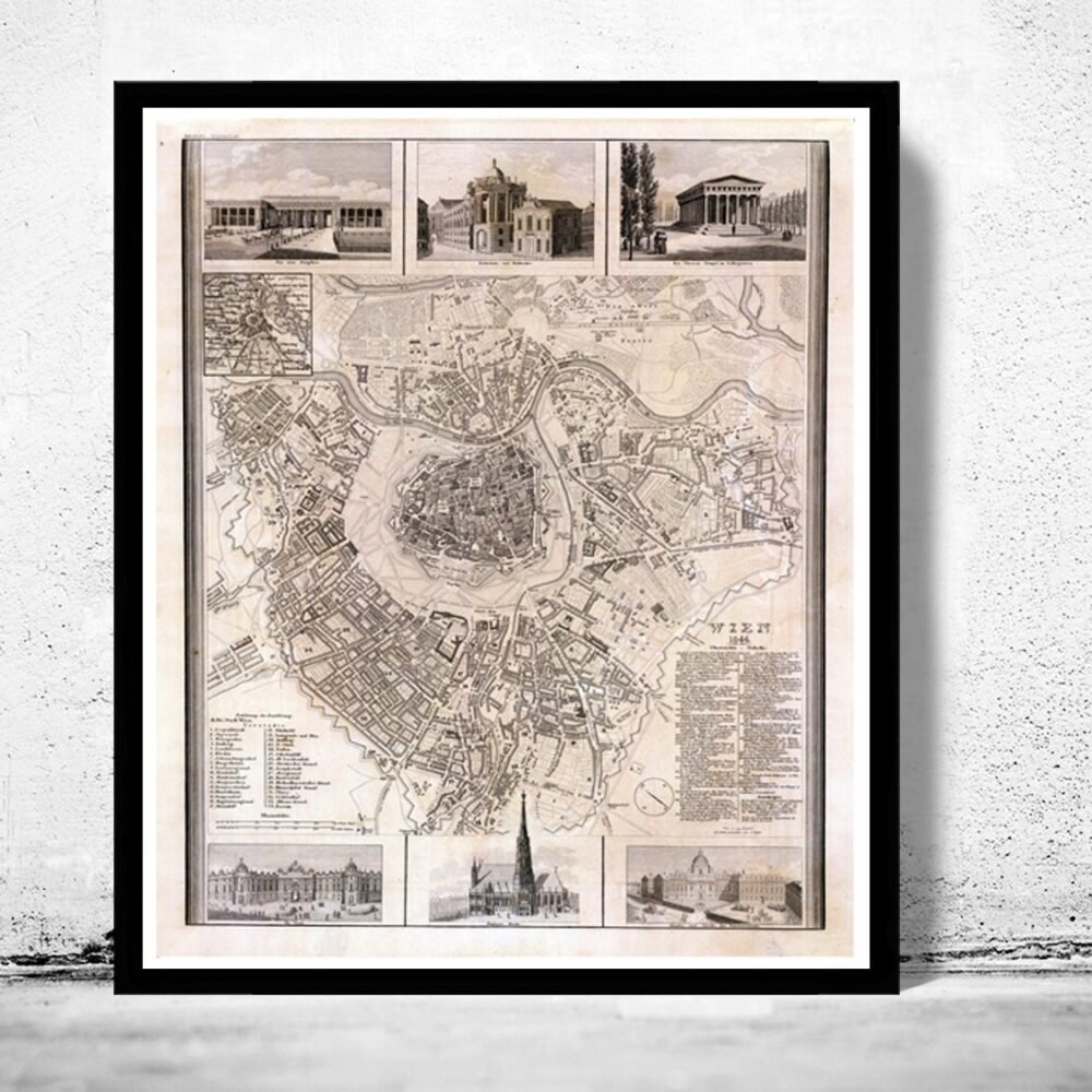 Old Map of Vienna Wien with gravures Austria 1844 Vintage Map | Vintage Poster Wall Art Print | Wall Map Print | Old Map Print | Map Gift