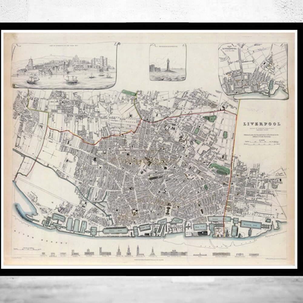 Old Map of Liverpool with gravures England 1836 Vintage Map | Vintage Poster Wall Art Print | Wall Map Print | Old Map Print | Map Gift