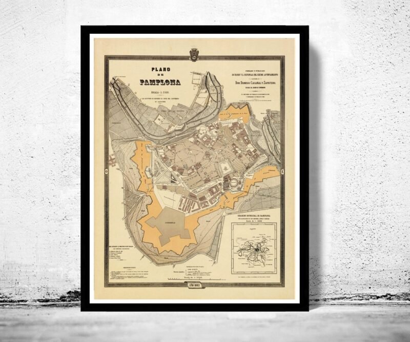 Vintage Map of Pamplona, Spain 1882 | Vintage Poster Wall Art Print | Wall Map Print | Old Map Print | Map Gift | Anniversary gift