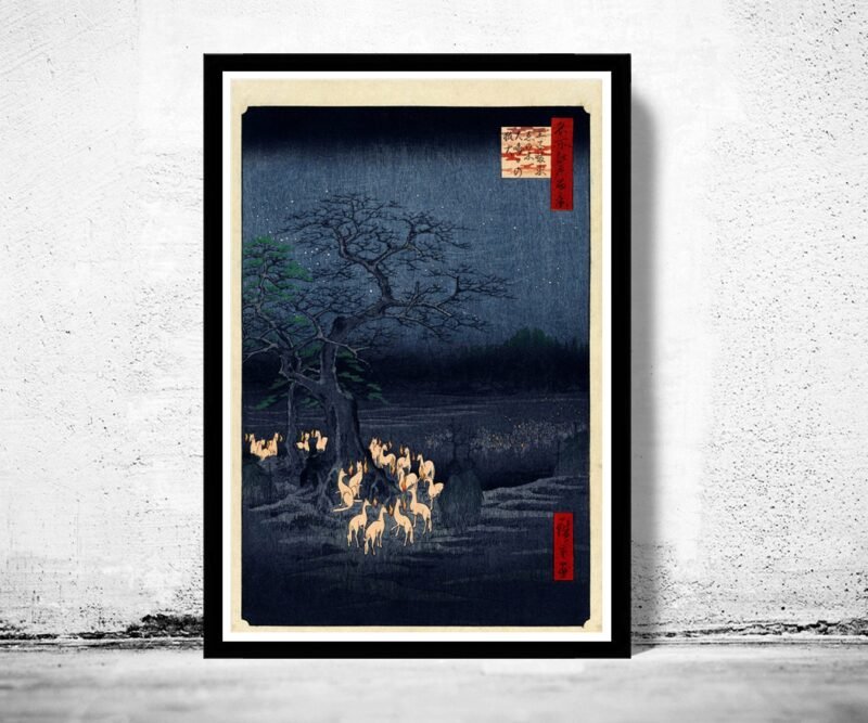 Japanese Art, Hiroshige New Year's Eve foxfires at the changing tree, Oji, 1857 | Vintage Poster Wall Art Print | | Map Gift