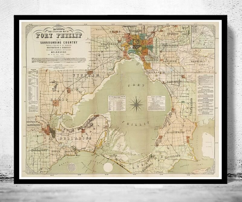 Vintage map of Port Phillip and Melbourne bay, Australia 1886 | Vintage Poster Wall Art Print | Wall Map Print | Old Map Print | Map Gift