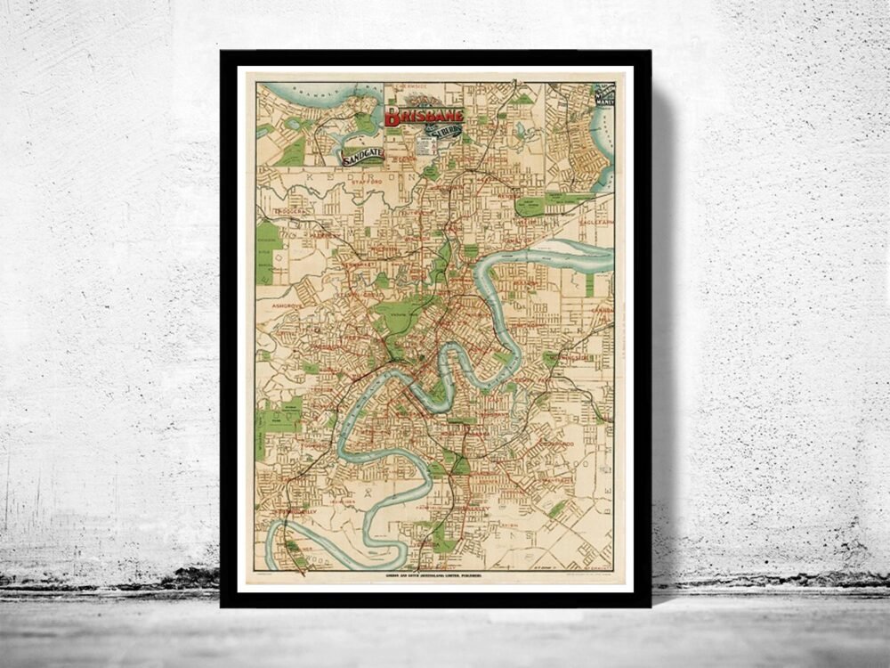 Old Map of Brisbane Australia 1920 Vintage Map | Vintage Poster Wall Art Print | Wall Map Print | Old Map Print | Map Gift