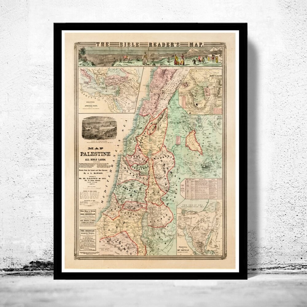 Bible Readers Vintage Map Palestine Jerusalem 1873 Religious | Vintage Poster Wall Art Print | | Map Gift | Anniversary gift