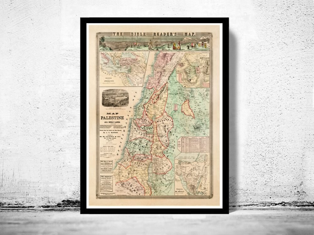 Bible Readers Vintage Map Palestine Jerusalem 1873 Religious | Vintage Poster Wall Art Print | | Map Gift | Anniversary gift