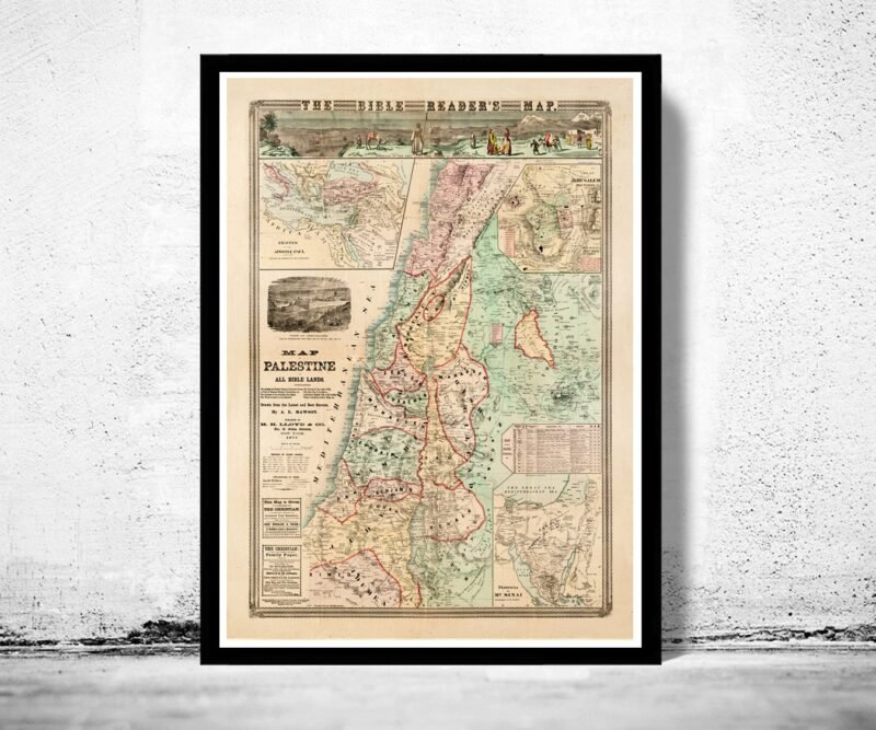 Bible Readers Vintage Map Palestine Jerusalem 1873 Religious | Vintage Poster Wall Art Print | | Map Gift | Anniversary gift