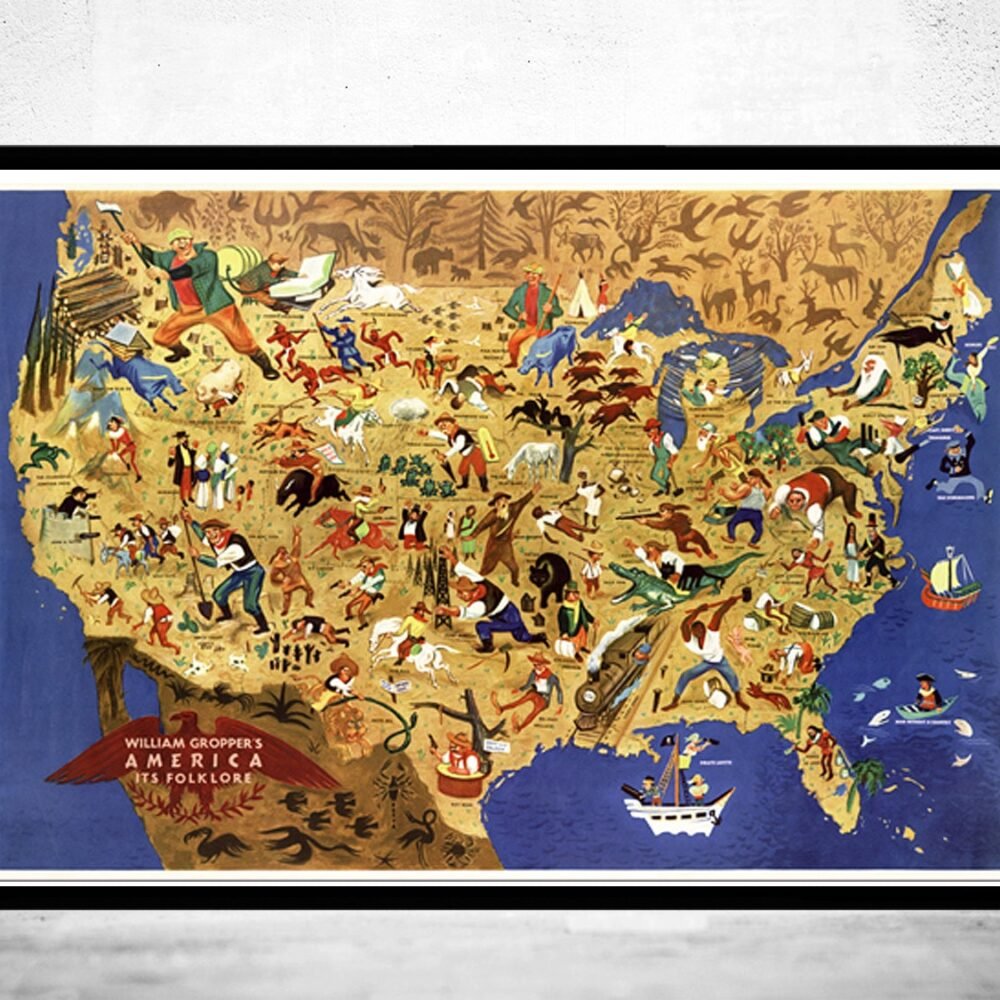 Vintage Map of United States America, its folklore, representing U.S. | Vintage Poster Wall Art Print | Wall Map Print | Old Map Print