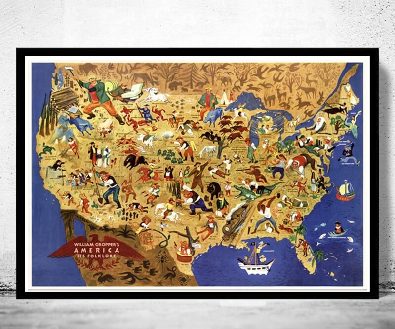 Vintage Map of United States America, its folklore, representing U.S. | Vintage Poster Wall Art Print | Wall Map Print | Old Map Print