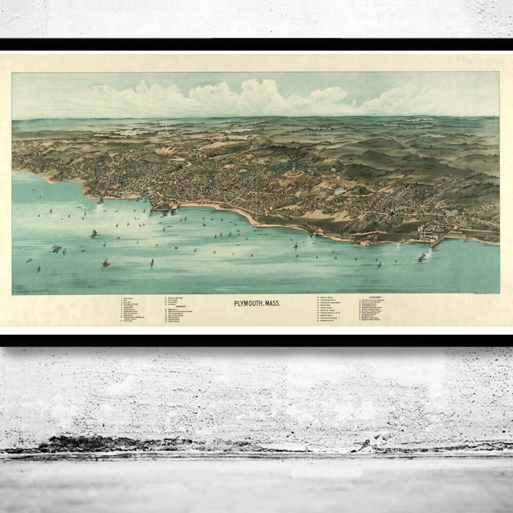 Birdseye View of Plymouth Massachusetts 1910, Panoramic view | Map Gift | Anniversary gift | Housewarming Gift