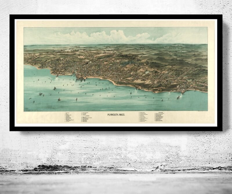 Birdseye View of Plymouth Massachusetts 1910, Panoramic view | Map Gift | Anniversary gift | Housewarming Gift