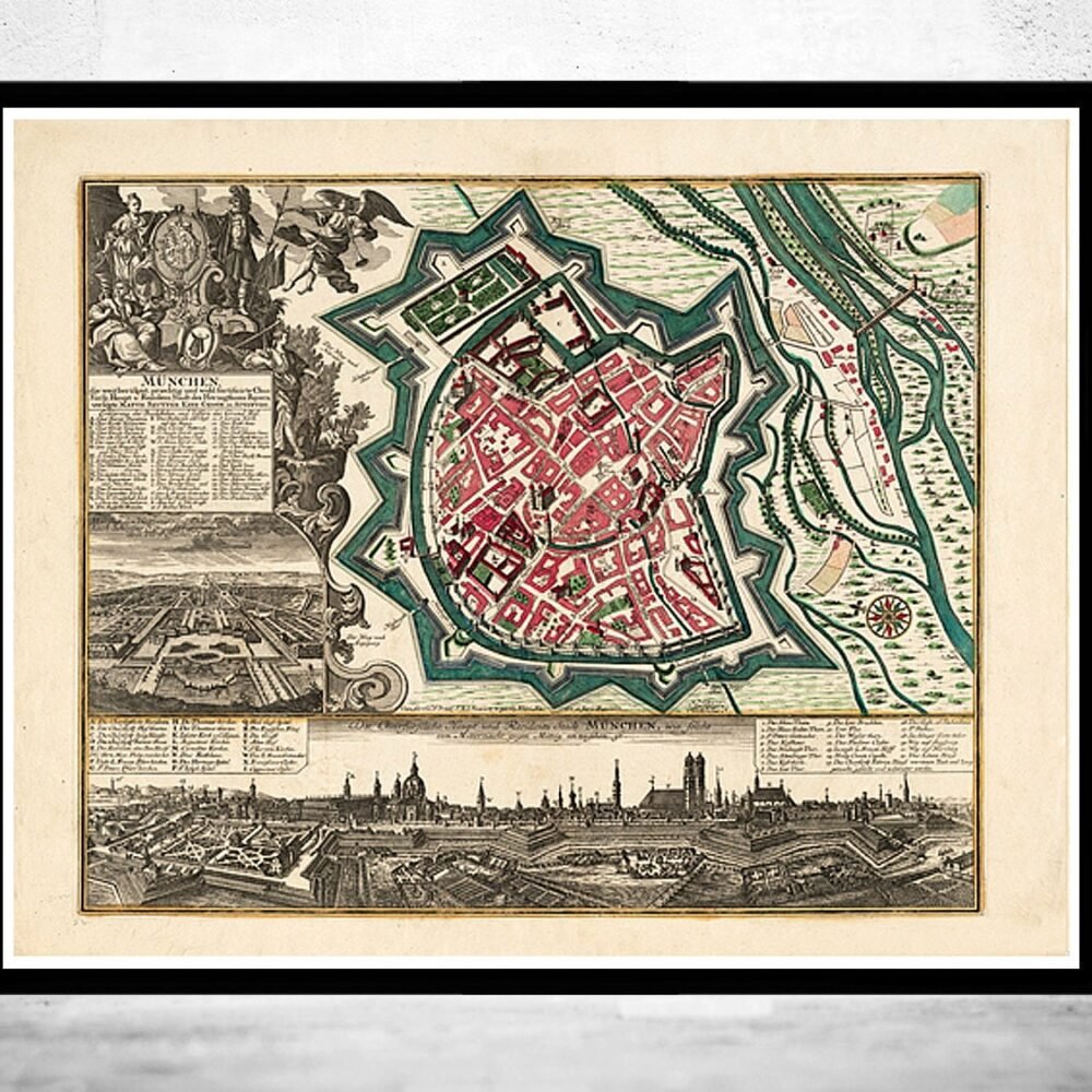 Old Map of Munich Munchen Munster Germany Deutshland 1740 Vintage Map | Vintage Poster Wall Art Print | | Map Gift | Anniversary gift