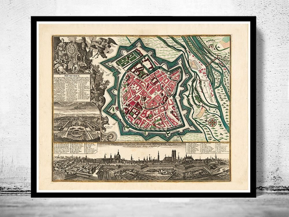 Old Map of Munich Munchen Munster Germany Deutshland 1740 Vintage Map | Vintage Poster Wall Art Print | | Map Gift | Anniversary gift