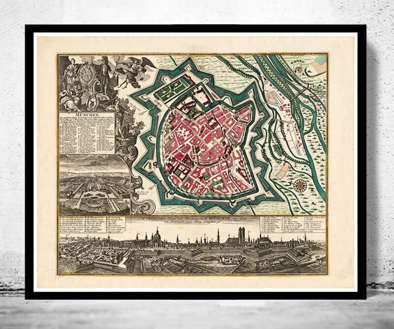 Old Map of Munich Munchen Munster Germany Deutshland 1740 Vintage Map | Vintage Poster Wall Art Print | | Map Gift | Anniversary gift