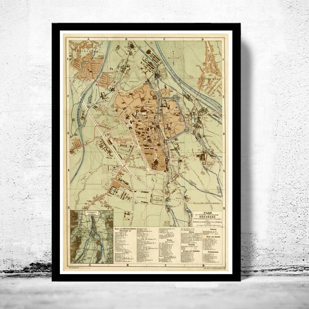 Old Map of Augsburg, Bavaria Germany 1888 | Vintage Poster Wall Art Print | Wall Map Print | Old Map Print | Map Gift | Anniversary gift