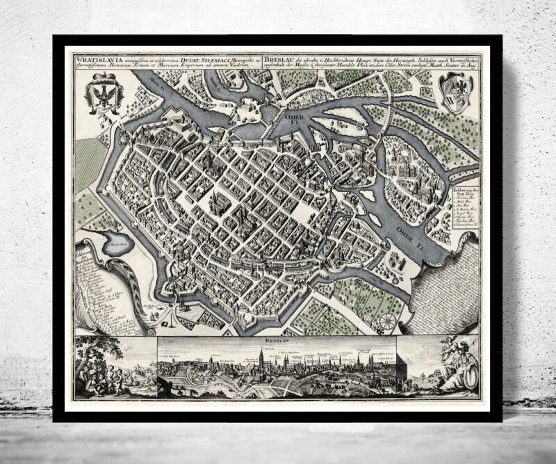 Old Map of Wroclaw with gravures Poland 1735 Vintage map Breslau | Vintage Poster Wall Art Print | Wall Map Print | Old Map Print