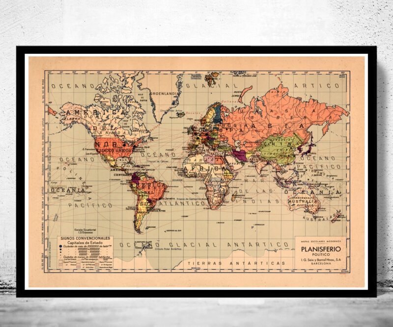 Old World Map Atlas Vintage World Map Mercator projection | World Map Gift World Map Print | Vintage World Map | World Map Wall Art