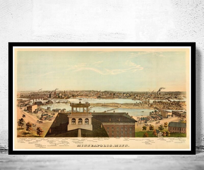 Vintage Panoramic of Minneapolis 1874 | Map Gift | Anniversary gift | Housewarming Gift