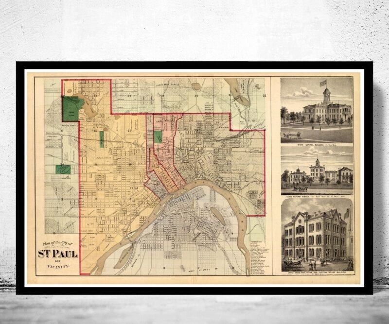 Old map of Saint Paul Minnesota 1874 Vintage Map | Vintage Poster Wall Art Print | Wall Map Print | Old Map Print | Map Gift