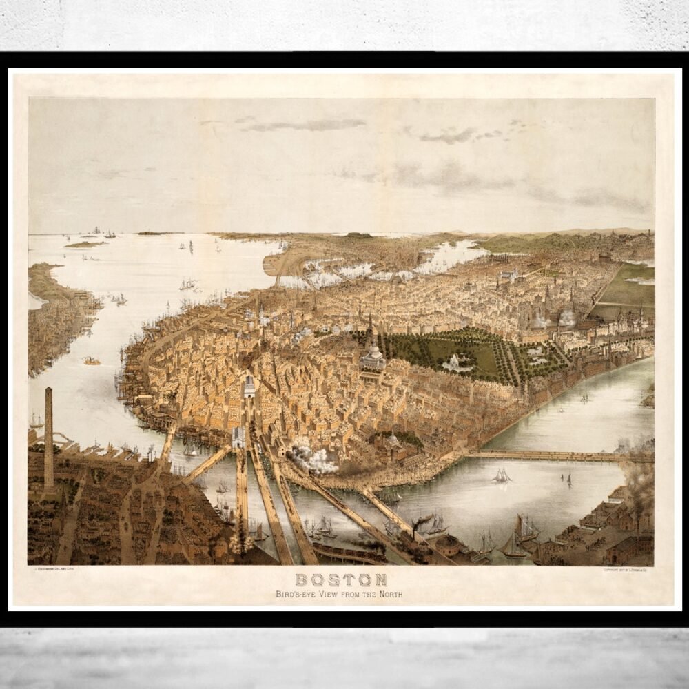 Panoramic View of Old Boston, Massachusetts 1877 | Vintage Poster Wall Art Print | | Map Gift | Anniversary gift | Housewarming Gift