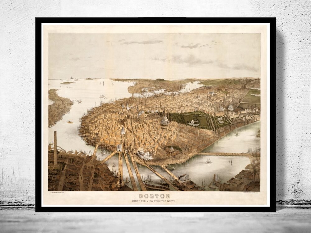 Panoramic View of Old Boston, Massachusetts 1877 | Vintage Poster Wall Art Print | | Map Gift | Anniversary gift | Housewarming Gift