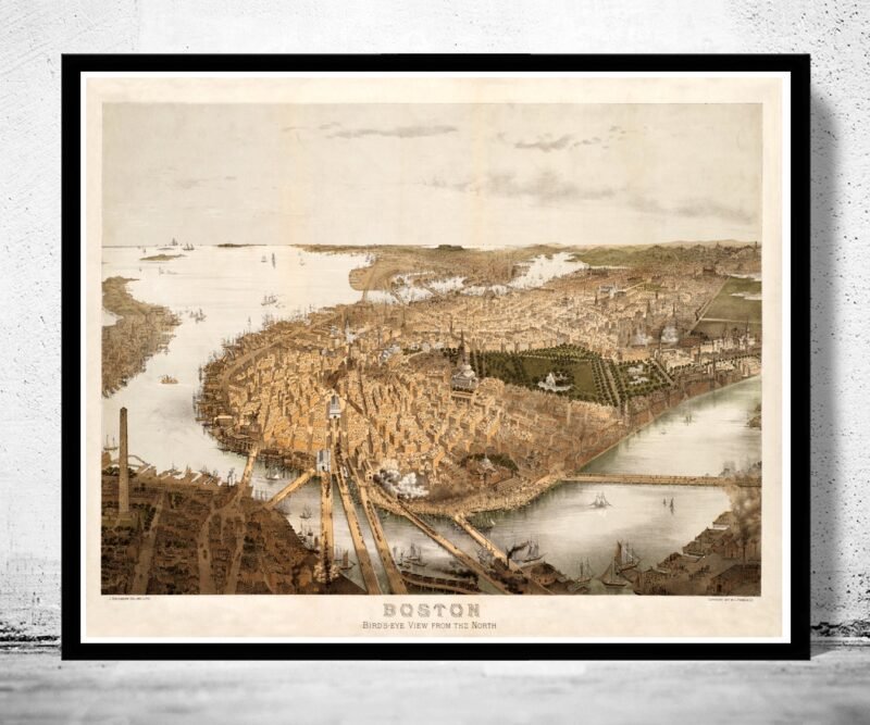 Panoramic View of Old Boston, Massachusetts 1877 | Vintage Poster Wall Art Print | | Map Gift | Anniversary gift | Housewarming Gift