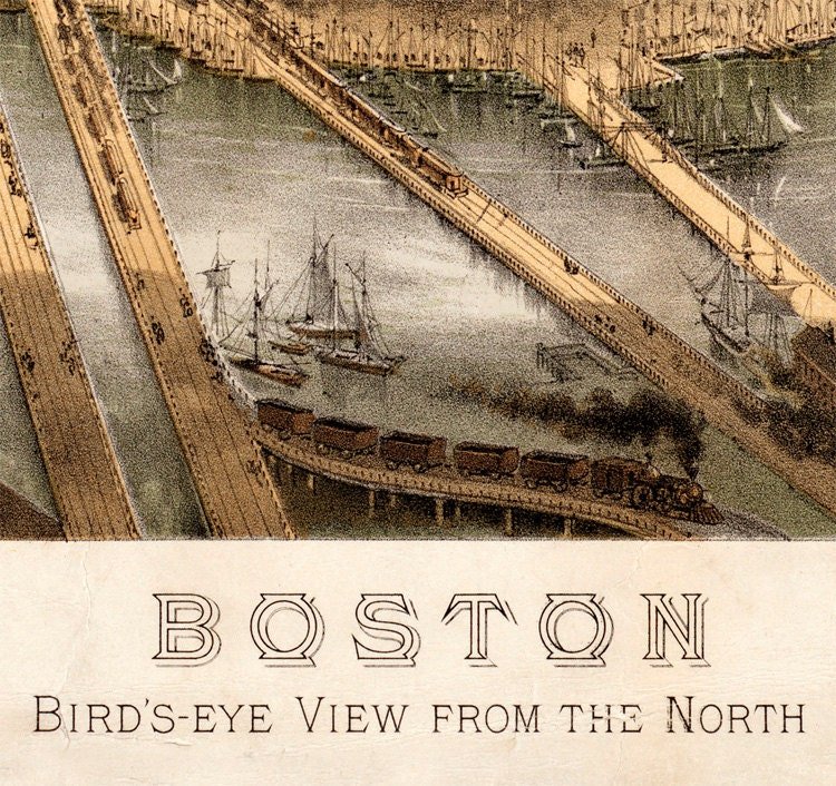 Panoramic View of Old Boston, Massachusetts 1877 | Vintage Poster Wall Art Print | | Map Gift | Anniversary gift | Housewarming Gift