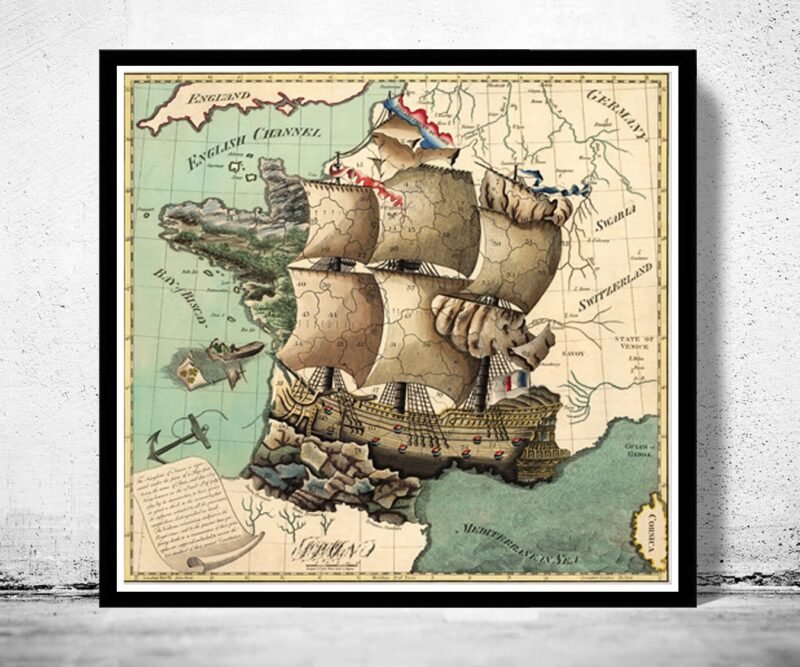 Old Map France Antique The Kingdom of France is represented under the form of a ship 1796 | Vintage Poster Wall Art Print | | Map Gift