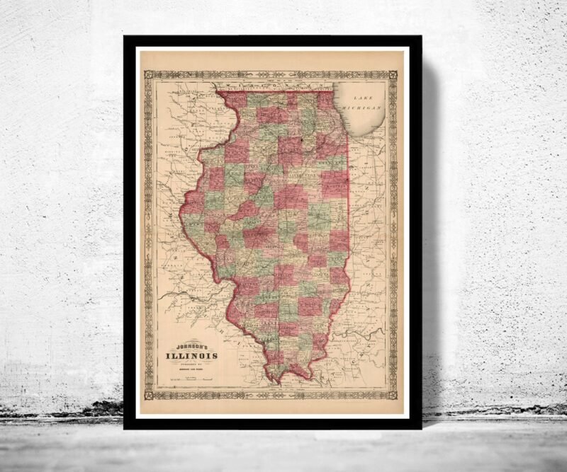 Old Map Illinois 1864 Vintage Map of Illinois | Vintage Poster Wall Art Print | Wall Map Print | Old Map Print | Map Gift