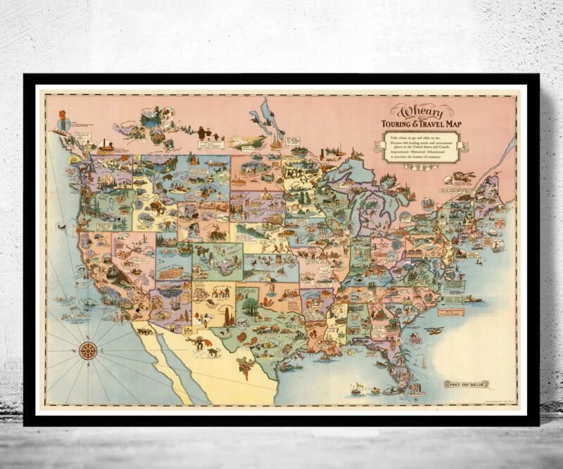 Vintage Map of United States America, Recreational Touring & Travel Map 1928 | Vintage Poster Wall Art Print | Wall Map Print | | Map Gift