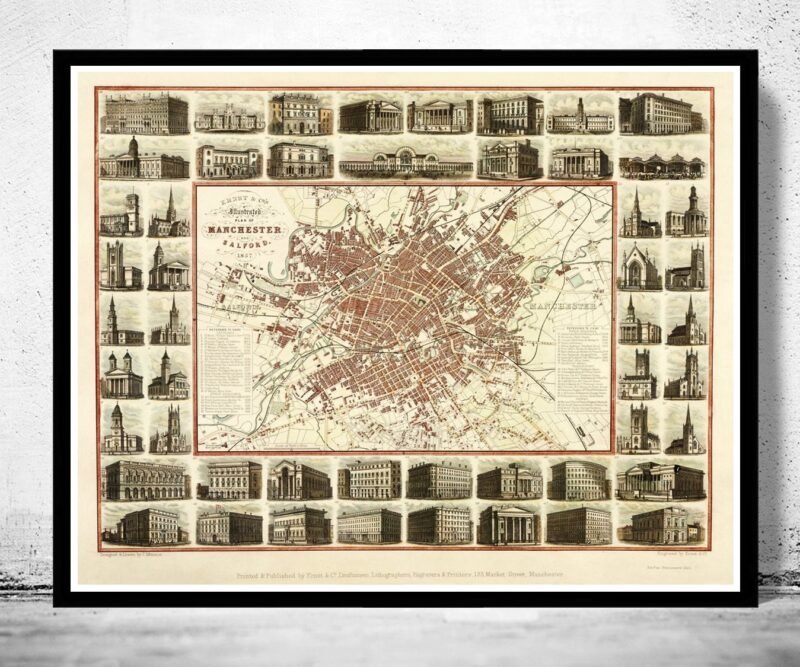 Old Map of Manchester with gravures England 1857 Vintage Map | Vintage Poster Wall Art Print | Wall Map Print | Old Map Print | Map Gift