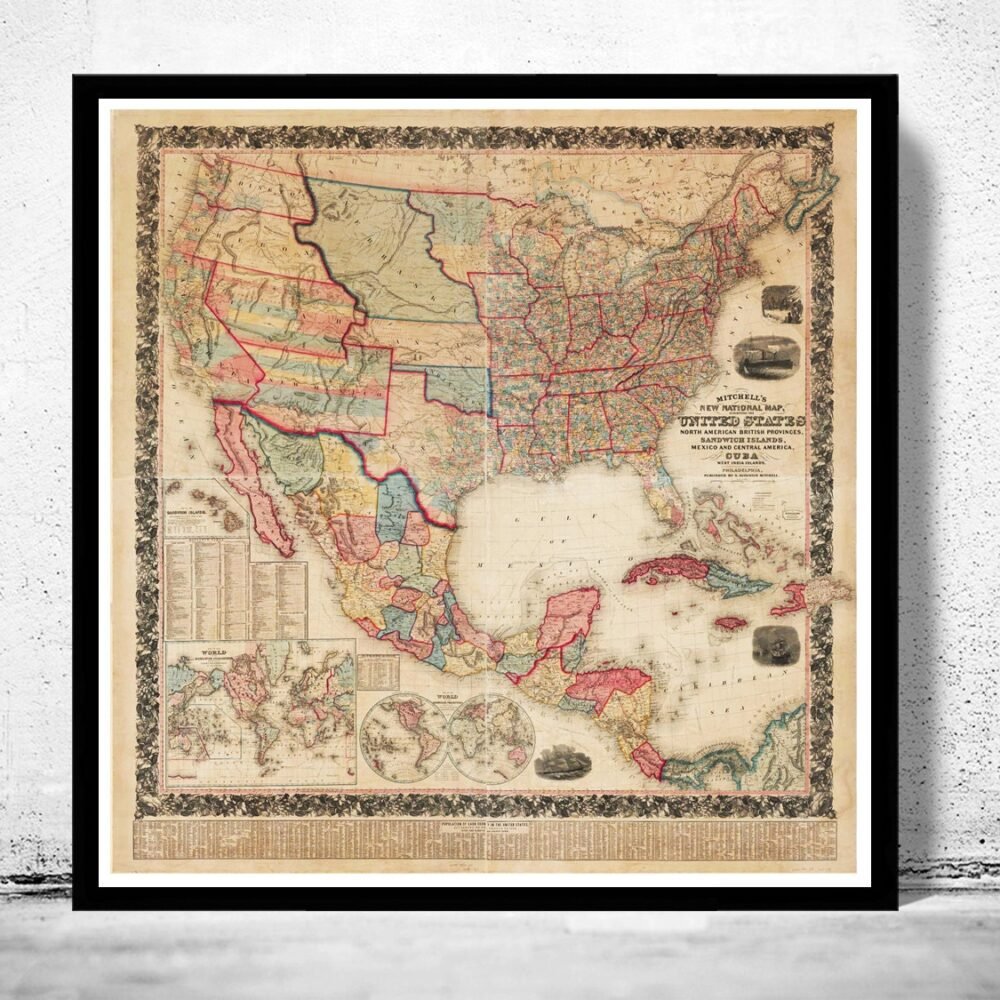 Beautiful Map of United States America 1856 | Vintage Poster Wall Art Print | Wall Map Print | Old Map Print | Map Gift| Housewarming Gift
