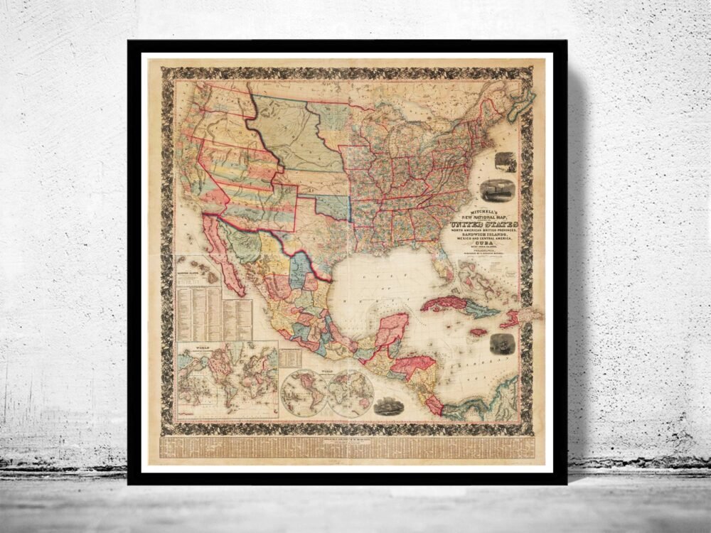 Beautiful Map of United States America 1856 | Vintage Poster Wall Art Print | Wall Map Print | Old Map Print | Map Gift| Housewarming Gift