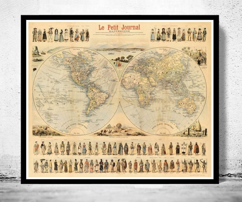 Vintage World Map Antique Atlas 1900 folklore map of the world | World Map Gift World Map Print | Vintage World Map | World Map Wall Art