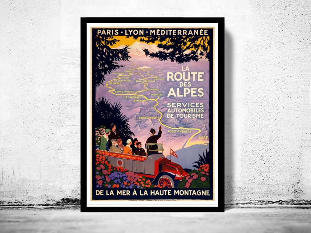 Vintage Poster of La Route des Alpes Paris-Lion 1920 Tourism poster travel | Vintage Poster Wall Art Print | | Map Gift | Anniversary gift