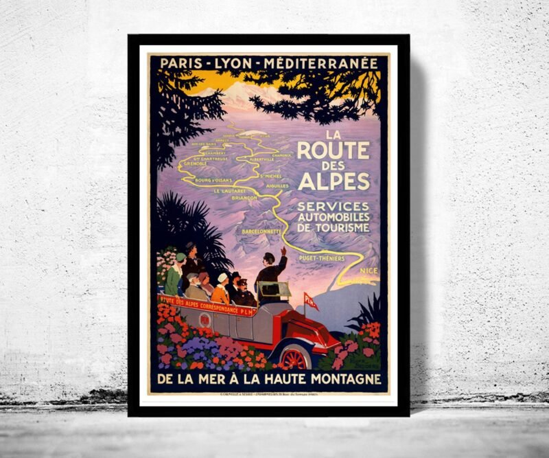 Vintage Poster of La Route des Alpes Paris-Lion 1920 Tourism poster travel | Vintage Poster Wall Art Print | | Map Gift | Anniversary gift