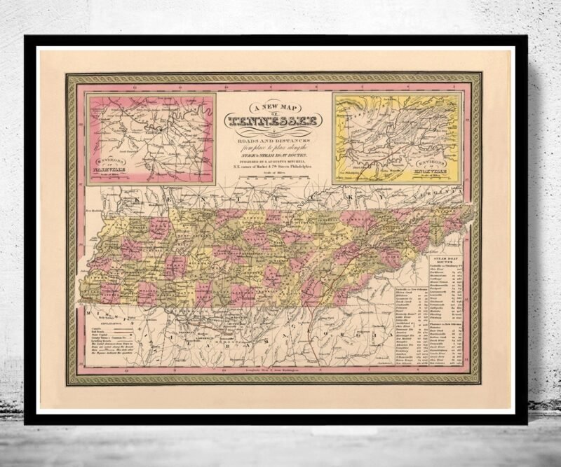 Vintage map of Tennesee 1849, United States of America | Vintage Poster Wall Art Print | | Map Gift | Anniversary gift | Housewarming Gift