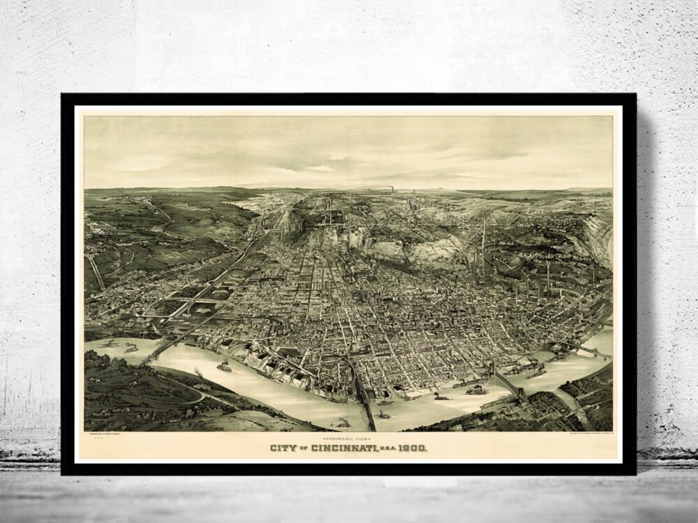 Cincinnati 1900 Panoramic View | Map Gift | Anniversary gift | Housewarming Gift