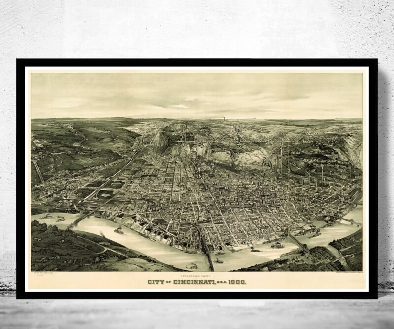 Cincinnati 1900 Panoramic View | Map Gift | Anniversary gift | Housewarming Gift