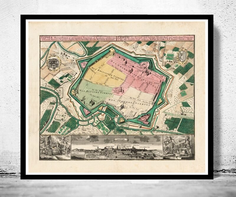 Old Map of Leipzig with gravures , Germany Deutshland 1735 | Vintage Poster Wall Art Print | Wall Map Print | Old Map Print | Map Gift