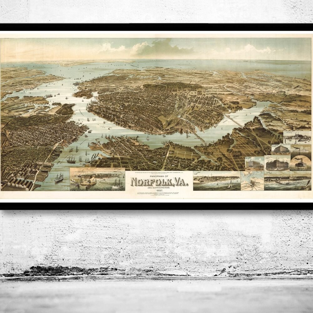 Norfolk Virginia 1892 Panoramic View Vintage | Vintage Poster Wall Art Print | | Map Gift | Anniversary gift | Housewarming Gift