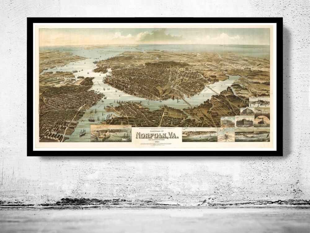 Norfolk Virginia 1892 Panoramic View Vintage | Vintage Poster Wall Art Print | | Map Gift | Anniversary gift | Housewarming Gift