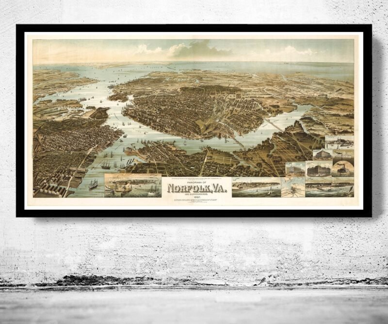 Norfolk Virginia 1892 Panoramic View Vintage | Vintage Poster Wall Art Print | | Map Gift | Anniversary gift | Housewarming Gift