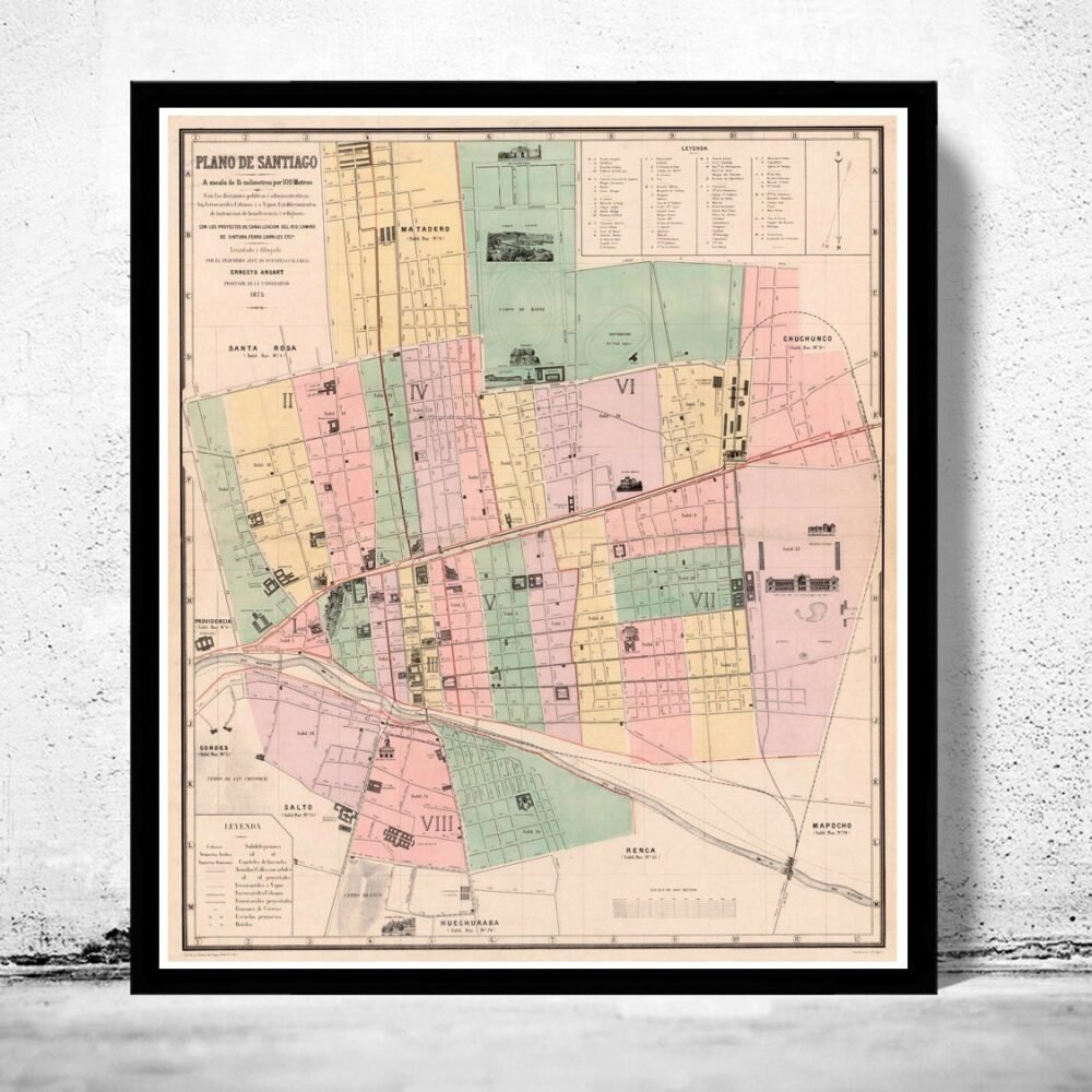 Old Map of Santiago de Chile 1875 Vintage Map | Vintage Poster Wall Art Print | Wall Map Print | Old Map Print | Map Gift| Housewarming Gift